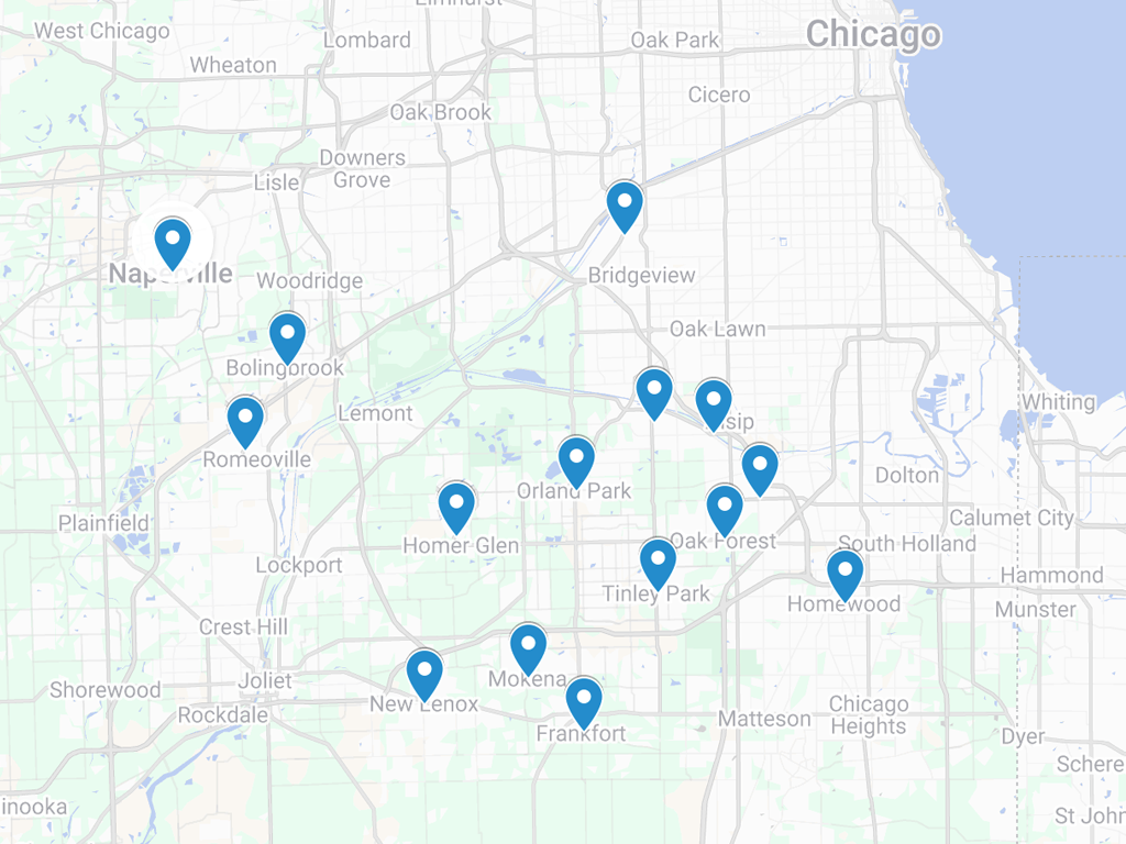 durable roofing service area map of southwest chicago suburbs